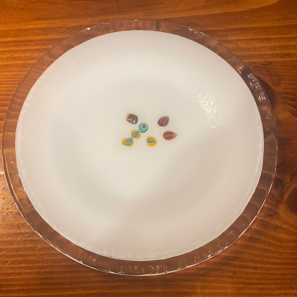 1 crate and barrel cased millifiori glass salad or dessert plates clear rimset
